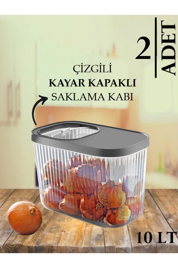 2 Adet Gri 10 Litre Erzak Bakliyat Saklama Kabı-Kayar Kapaklı Deterjan Tablet Saklama Kutusu - 1