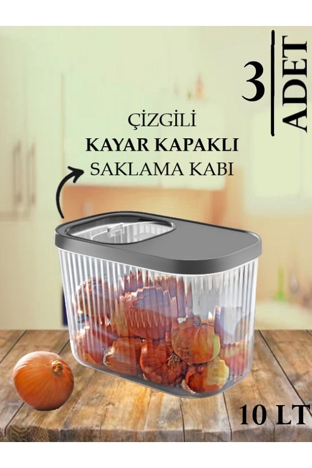 3 Adet Gri 10 Litre Erzak Bakliyat Saklama Kabı-Kayar Kapaklı Deterjan Tablet Saklama Kutusu - 1