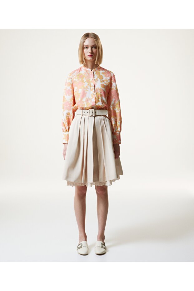 Flower Pattern Full Collar Blouse - 1