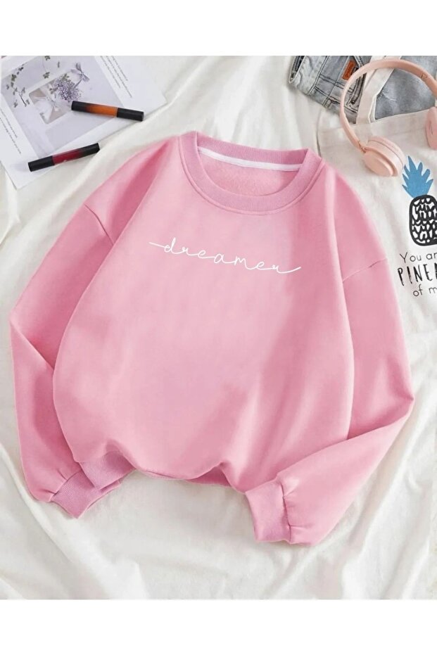 Women's Pink Dreamer Printed Crew Neck Sweatshirt