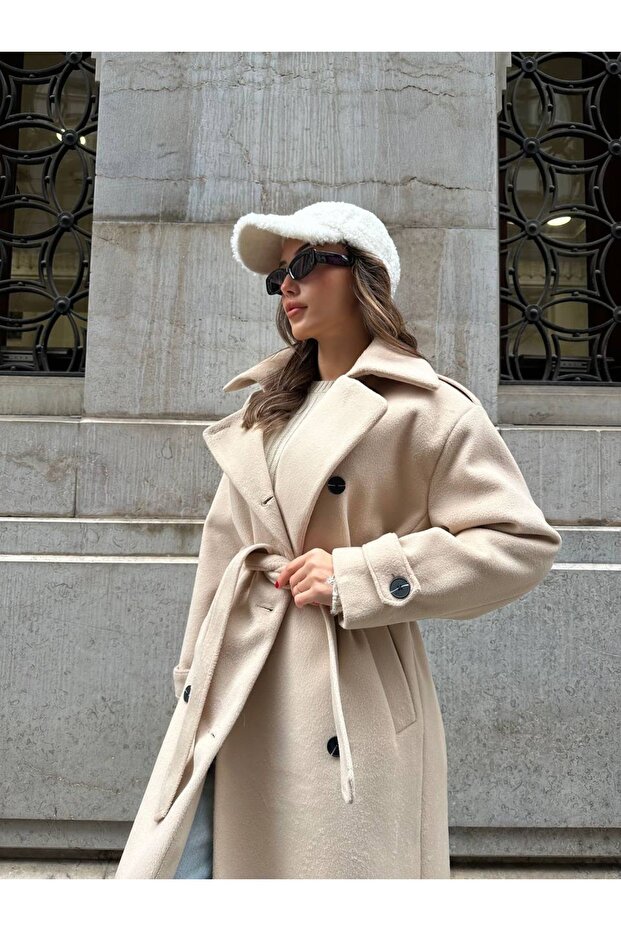 Beige Belted Button Closure Coat - 135 Cm Large Size