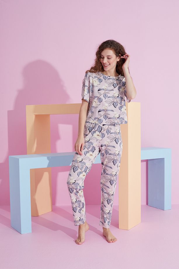yaprak desenli likralı Örme Pijama Takım - 2