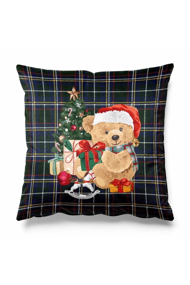 Single Teddy Christmas Patterned Double Sided Printed Suede Throw Pillow Cover on Plaid Background New Year's Eve