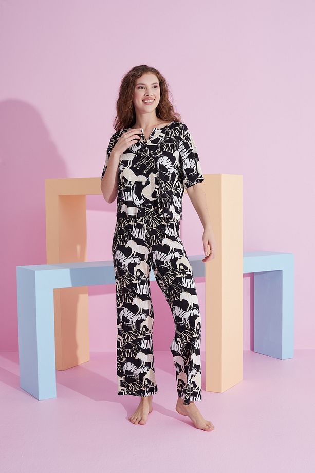 zebra desenli likralı Örme Pijama Takım - 2