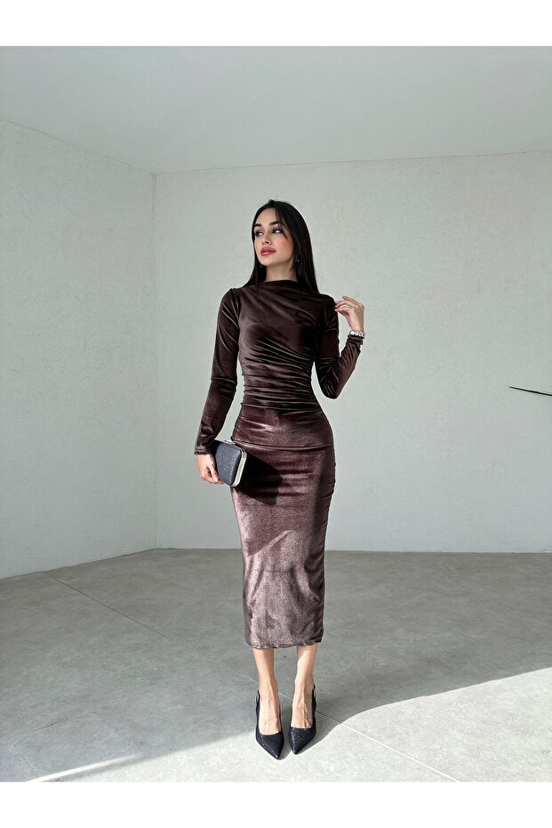 Velvet Side Ruched Detail Drape Midi Dress