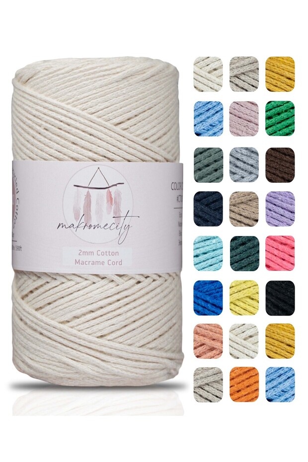 Makromecity Premium Koton Pamuk Makrome Ipi Ekru 200 gr 150 Metre 2mm Cotton Zincir Makrome Çanta Ipi Supla Ipi