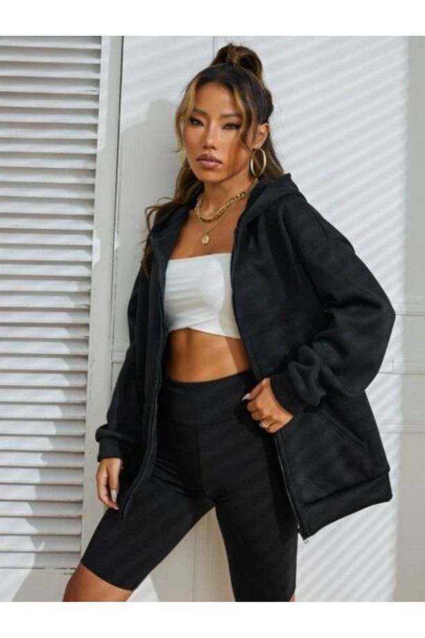 Siyah 2 ip Örme Kumaş Kapüşonlu Fermuarlı Sweatshirt - 5