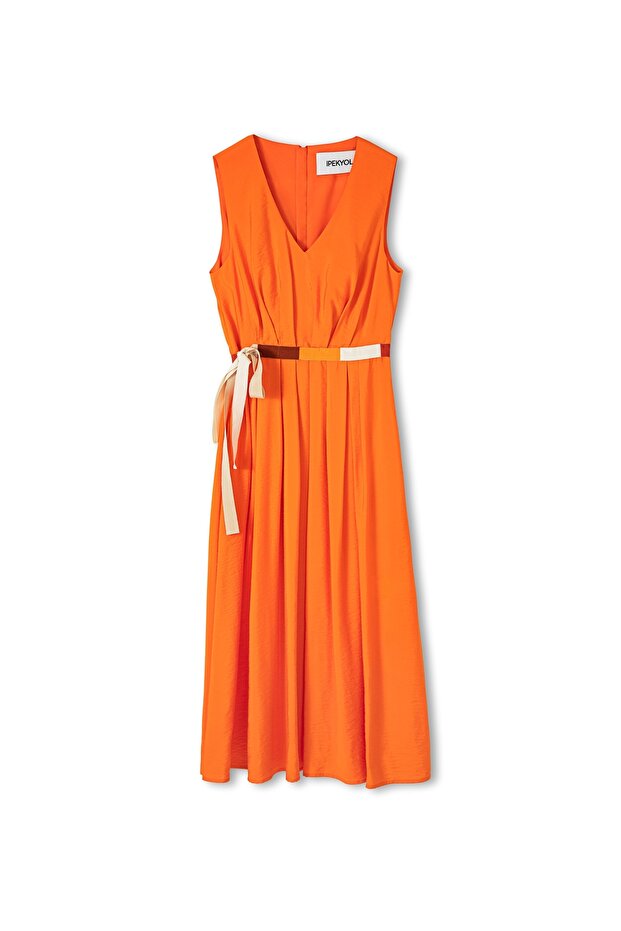 Colorblock kuşaklı midi elbise - 7