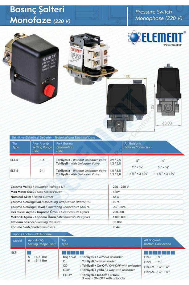 ELT-6CO-3Y (2-11) 3 Yollu on/off Kompresör Basınç Şalteri 220V- 1/2'' - 3