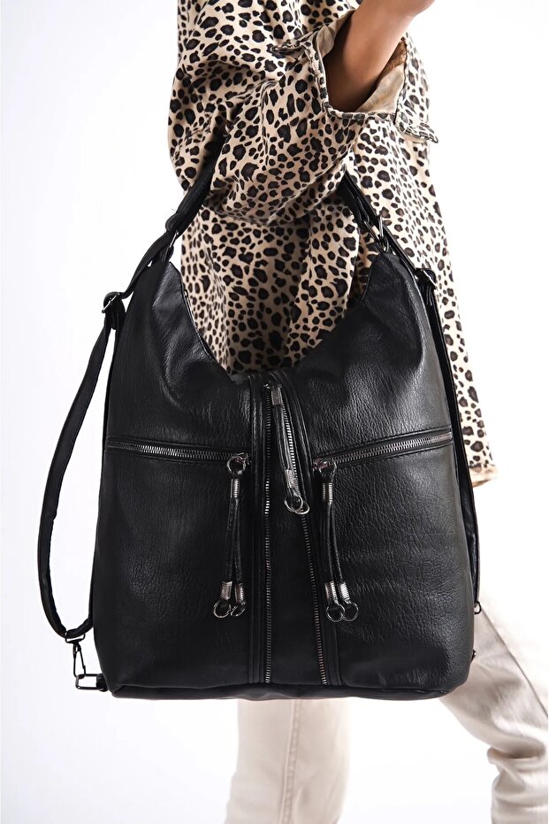 Women's Black Quality Leather Bag That Can Be Used as Arm, Shoulder and Back