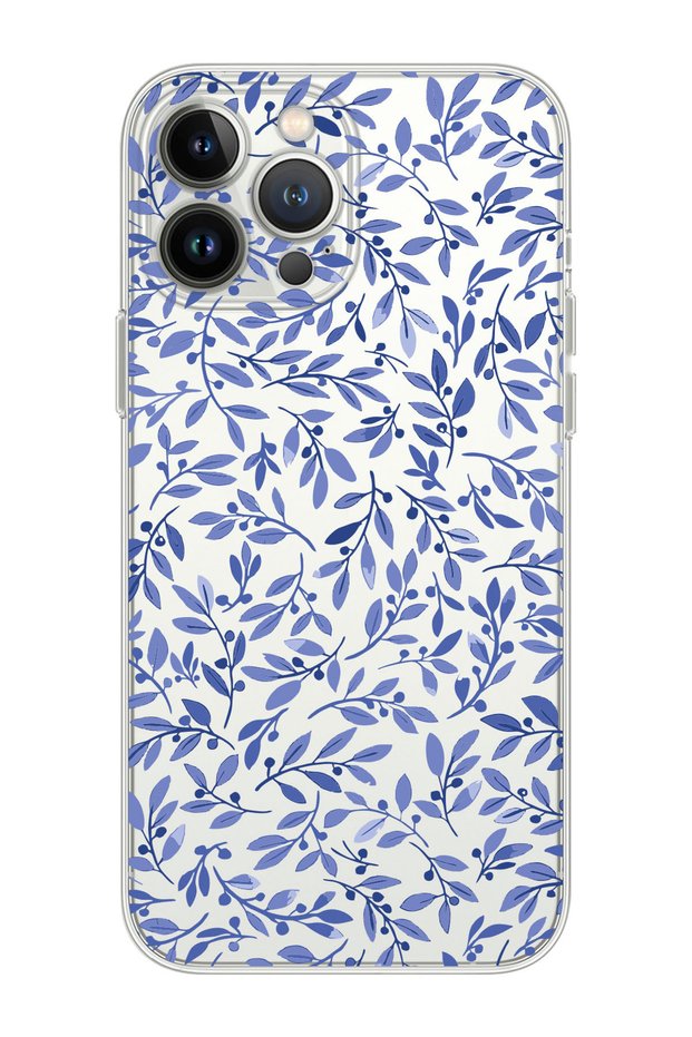 Premium Transparent Phone Case with Blue Leaves Design Compatible with iPhone 14 Pro Max