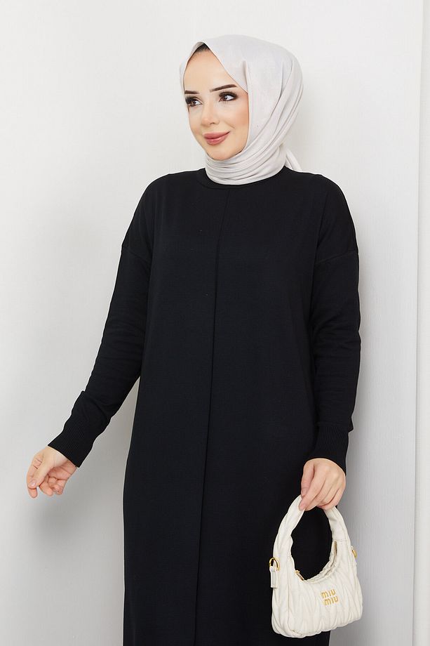Kadın Merserize Tesettür Triko Elbise Siyah - 5