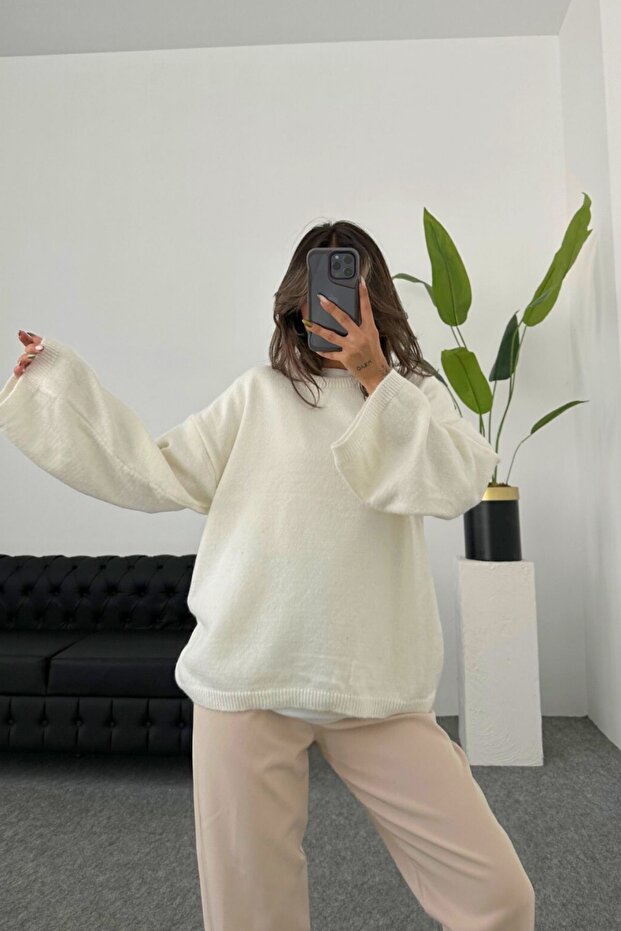 pinterest model women's loose-fitting wide-sleeved knitwear o-neck mid-length soft sweater oversize