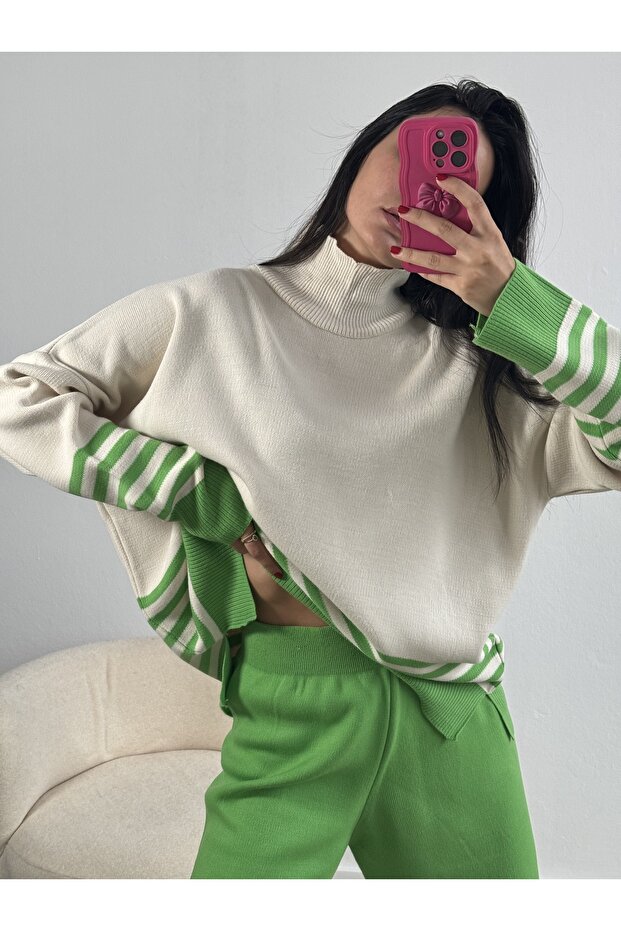 Pistáciově zelený poloviční rolák s pruhovaným úpletem, vrchní a spodní sada 26044 - 1