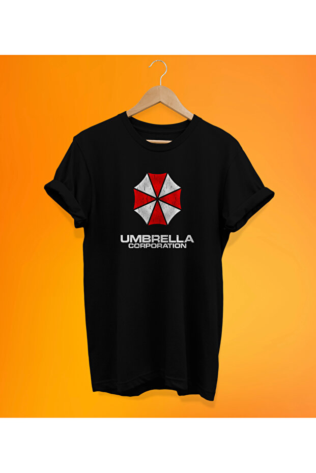 Umbrella Corp. تي شيرت أسود مطبوع، 100% قطن أساسي (مقاس عادي).