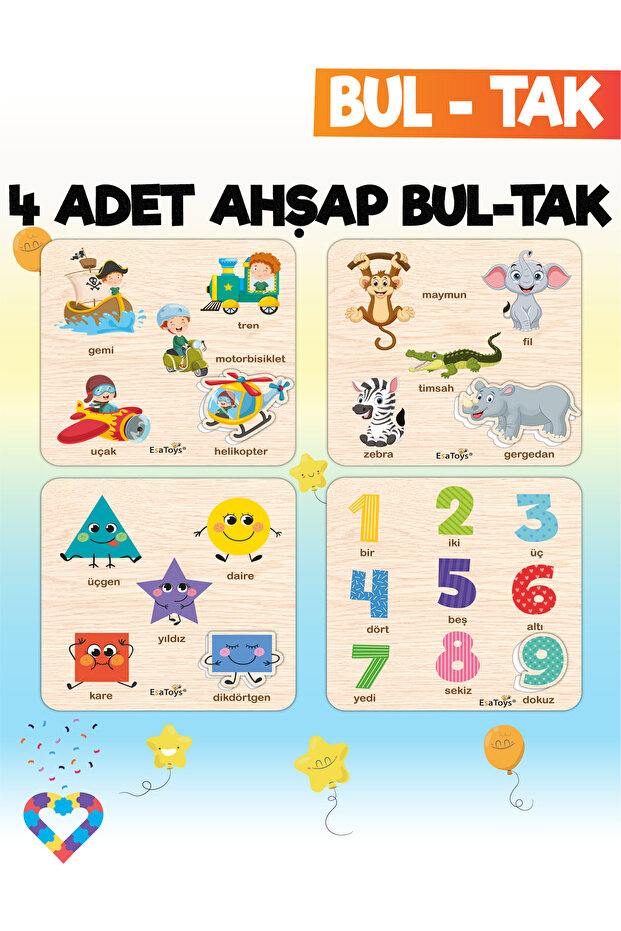 esatoys Eğitici 4 Adet Bul-Tak Oyuncak Taşıtlar, Rakamlar, Geometrik Şekiller ve Orman Hayvanları