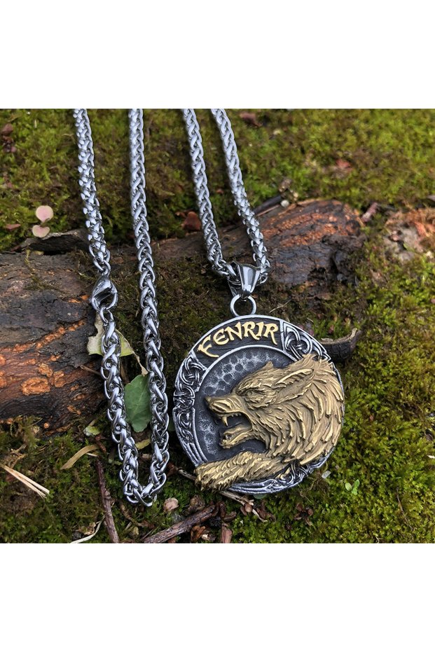Odin Nordic Fenrir Written Scandinavian Vegvisir Embroidered Tarnish & Stainless 316L Steel Men's Necklace