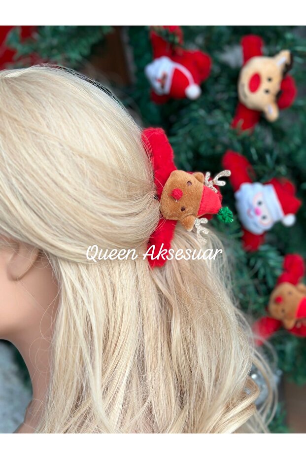 imported luxury plush furry christmas fluffy 3d glittery horned deer large clothespin clip buckle red