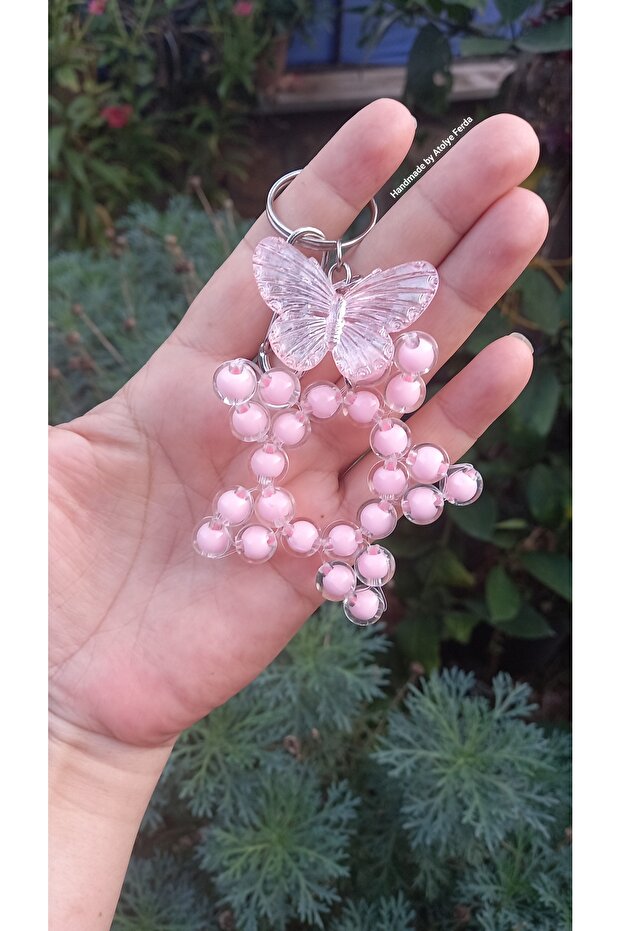 Butterfly Figured Beaded Star Keychain Bag Ornament (Pink)