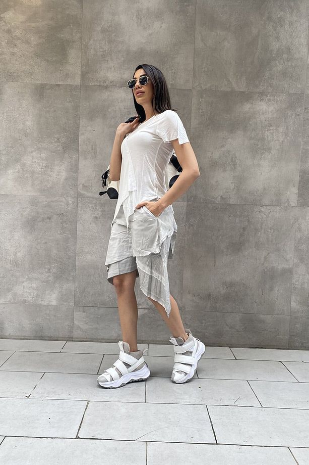 Taşlama Kumaş Asimetrik Kesim Tasarım Oversize Şort-M - 6