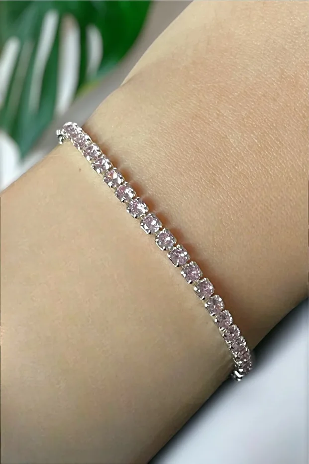 Pembe Zirkon Taşlı Yuvarlak Model Su Yolu Silver Bileklik - 4