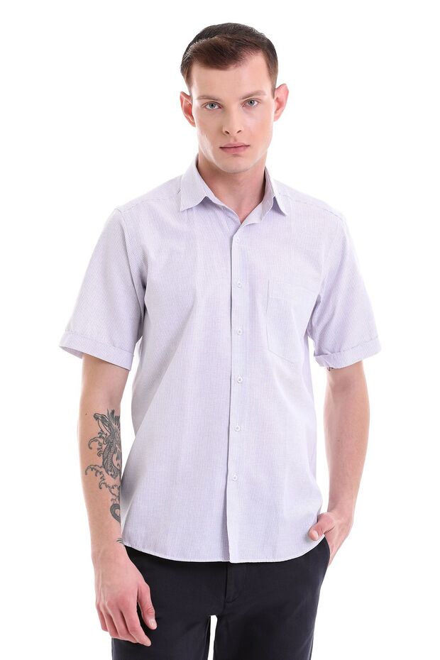 Lilac Comfort Fit Checkered Cotton Slim Collar Short Sleeve Classic Shirt