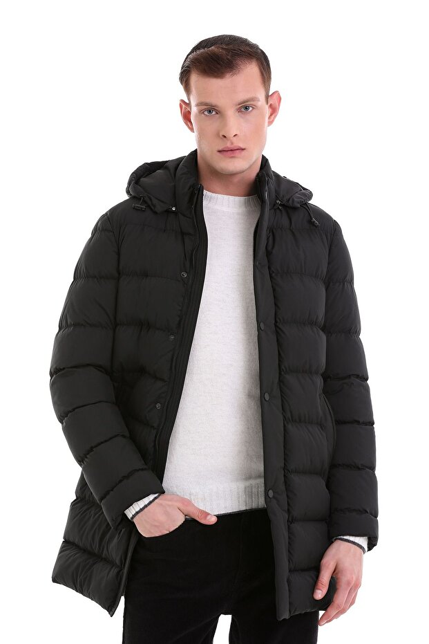 Siyah Slim Fit Hakim Yaka Kapüşonlu Basic Kaban - 3