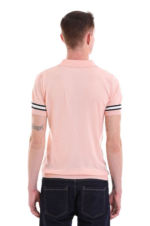 Pembe Slim Fit Çizgili Polo Yaka Triko Tişört - 6