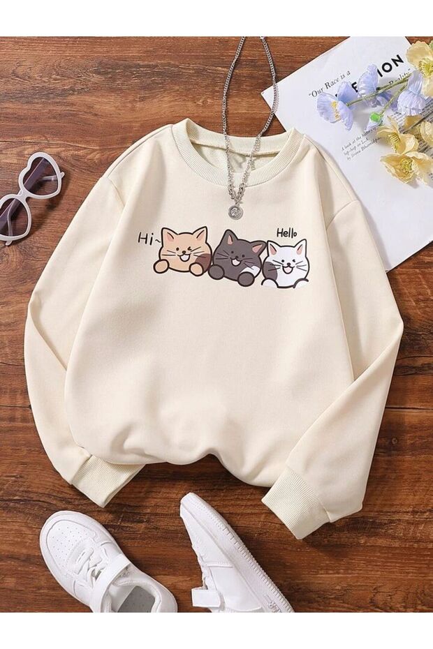 سويت شيرت بغطاء للرأس مطبوع عليه Hello 3 Cats للجنسين للأطفال