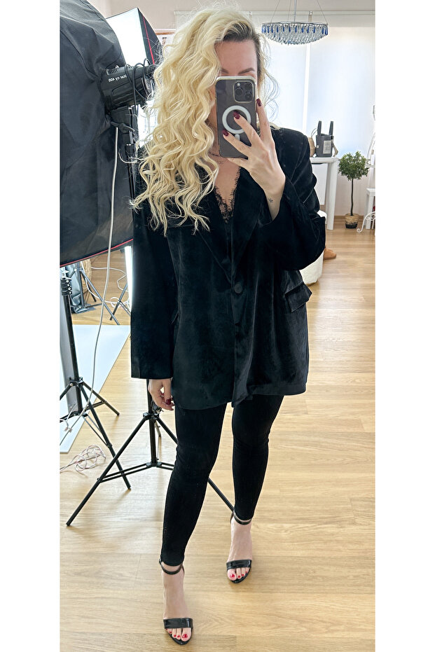 Siyah kadife oversize ceket - 5