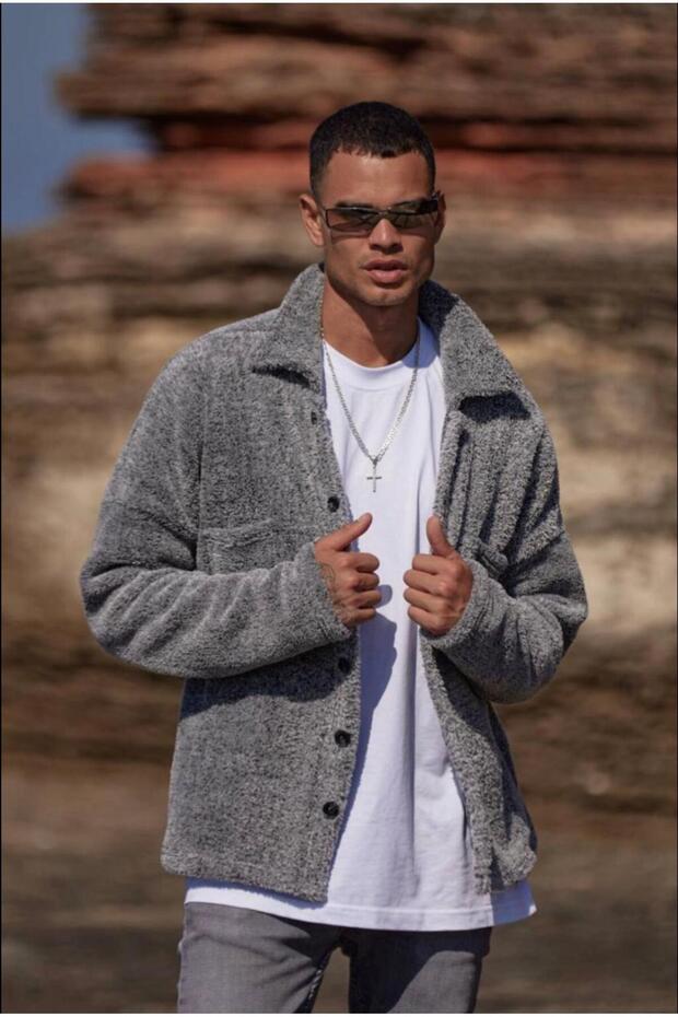 سترة رجالية باللون الرمادي القطيفة بأزرار - 3