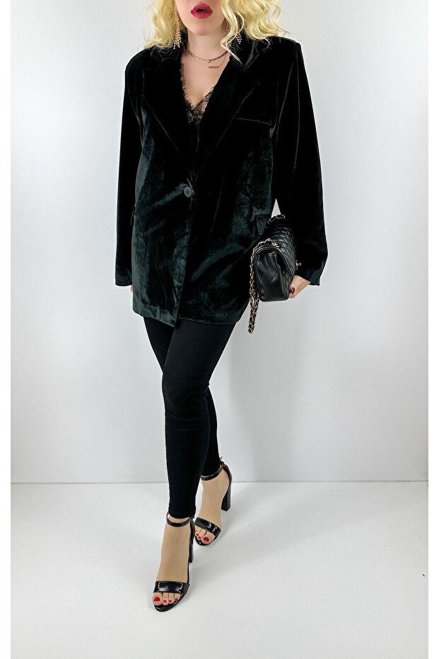 Siyah kadife oversize ceket - 1