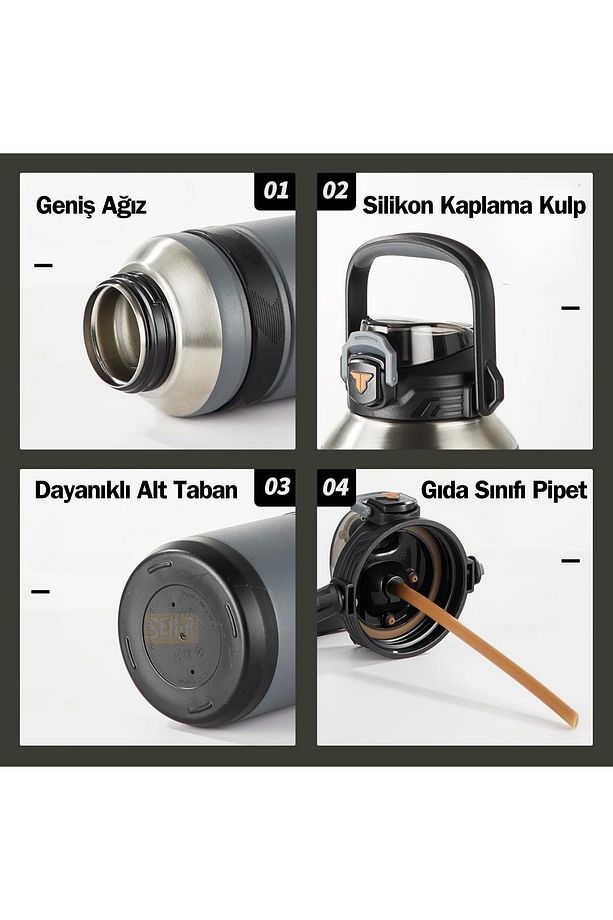 TKK Yeni Koleksiyon Mega Boy 1500ml Pipetli/Pipetsiz Kullanım Askılı Paslanmaz Çelik Termos Matara - 7