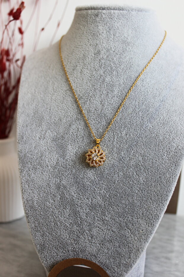 Gold Zircon Windmill Steel Necklace