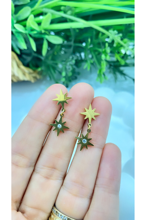 Gold / Gold Color Zircon Cubic Zirconia Pole Star Figured Dangle Steel Earrings
