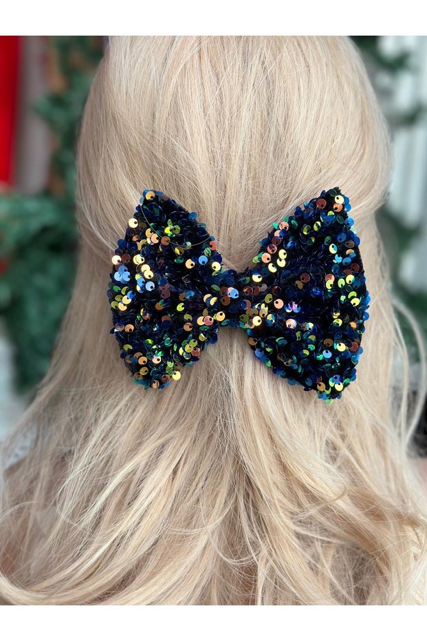 New trend luxury shiny lights up rotary hologram sequin velvet big bow metal clip buckle no1