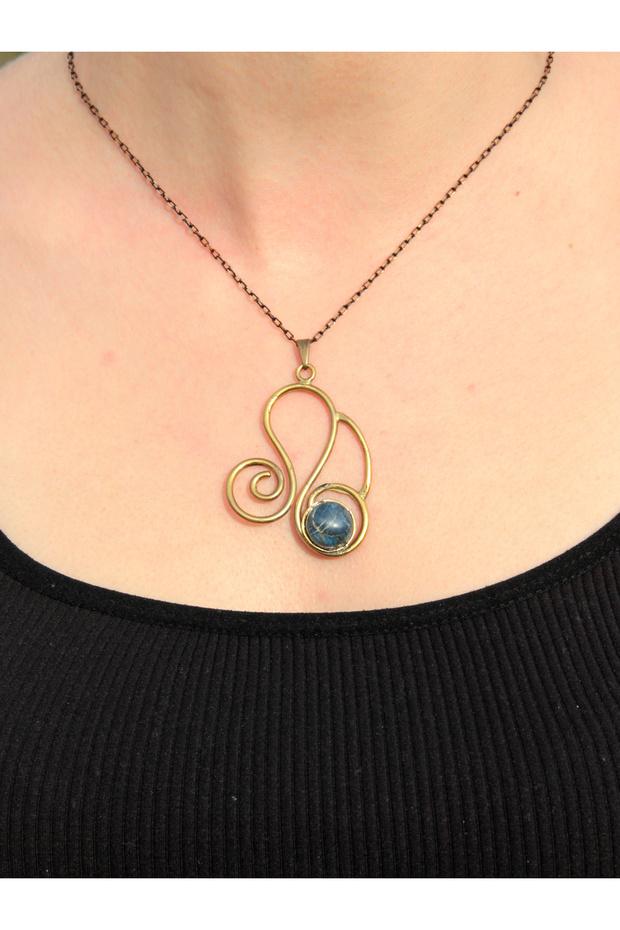 Natural Stone Lapis Natural Stone Authentic Women's Round Necklace with 45 Cm Chain