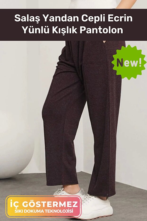 New Season Anti-Sweat Comfortable Fit Elastic Waist Wide Leg Loose Ecrin Wool Trousers with Side Pockets