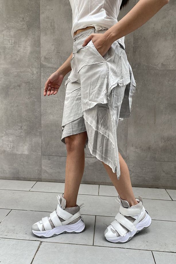 Taşlama Kumaş Asimetrik Kesim Tasarım Oversize Şort-M - 3