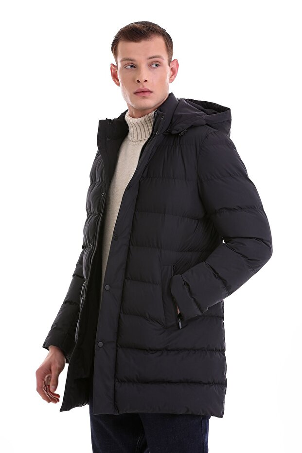 Lacivert Slim Fit Hakim Yaka Kapüşonlu Basic Kaban - 3