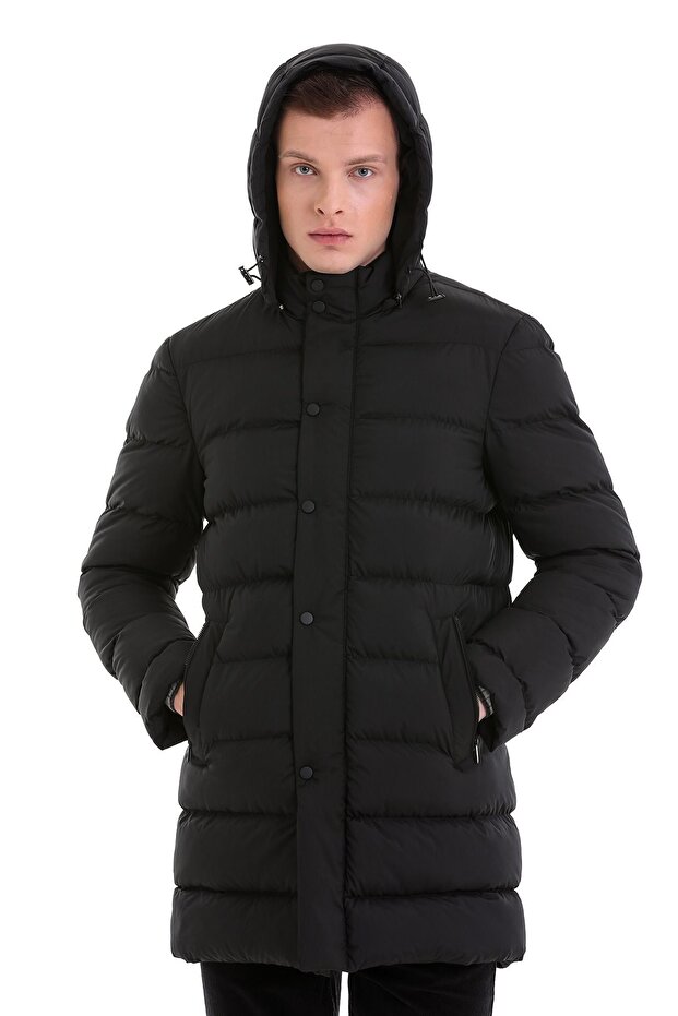 Siyah Slim Fit Hakim Yaka Kapüşonlu Basic Kaban - 4