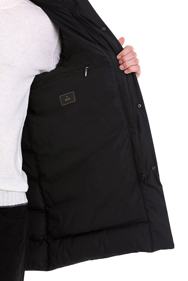 Siyah Slim Fit Hakim Yaka Kapüşonlu Basic Kaban - 7