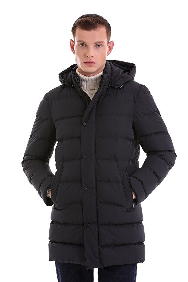 Lacivert Slim Fit Hakim Yaka Kapüşonlu Basic Kaban - 1