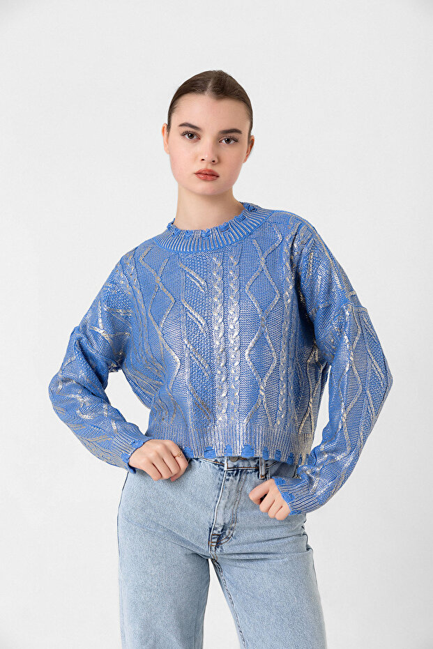 Women's Standard Blue Leaf Ripped Detailed Knitwear Sweater