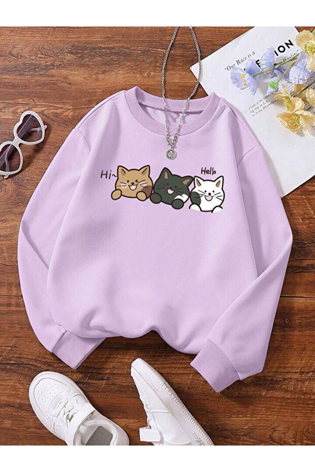 سويت شيرت بغطاء للرأس مطبوع عليه Hello 3 Cats للجنسين