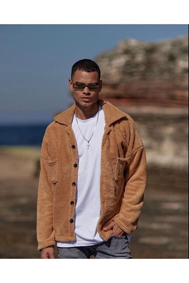 Men's Mustard Plush Button Jacket