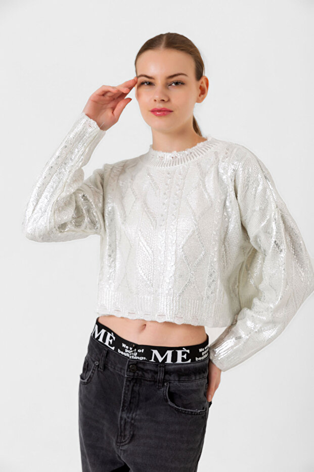 Women's Standard Gray Leaf Ripped Detailed Knitwear Sweater
