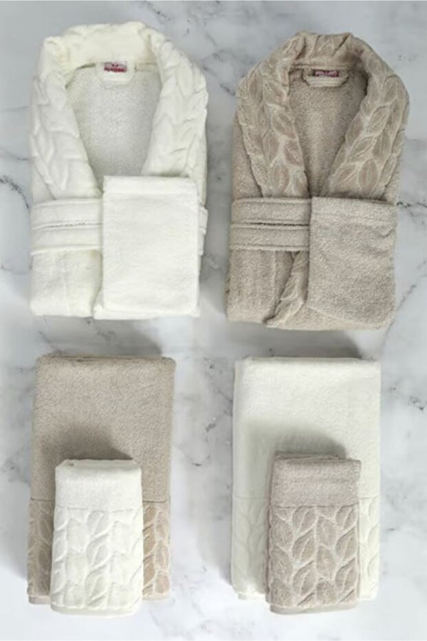 Hazal Cotton 8 Piece Family Bathrobe Set - Brown - Cream