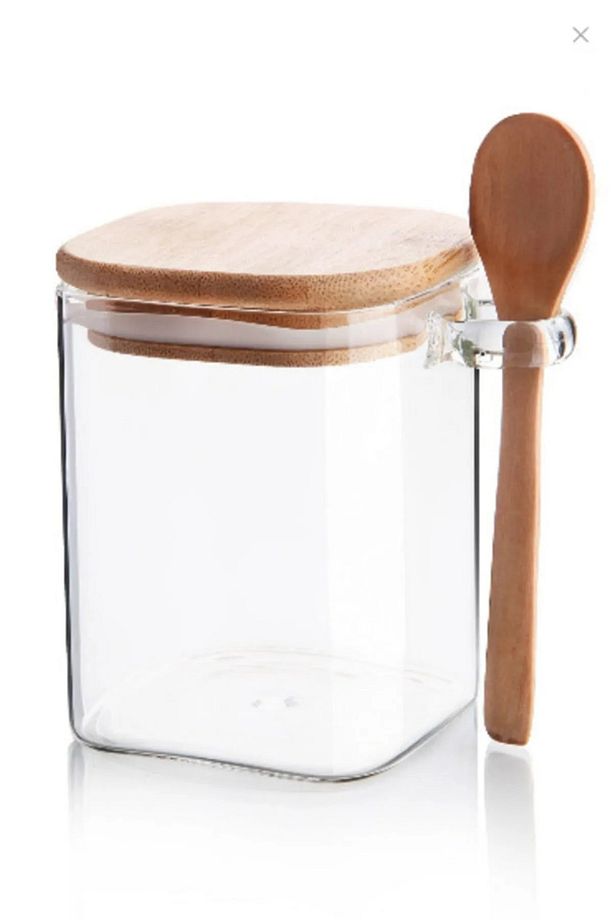 Bambu Kapaklı Kaşıklı Kavanoz Kare 600 ml - 1