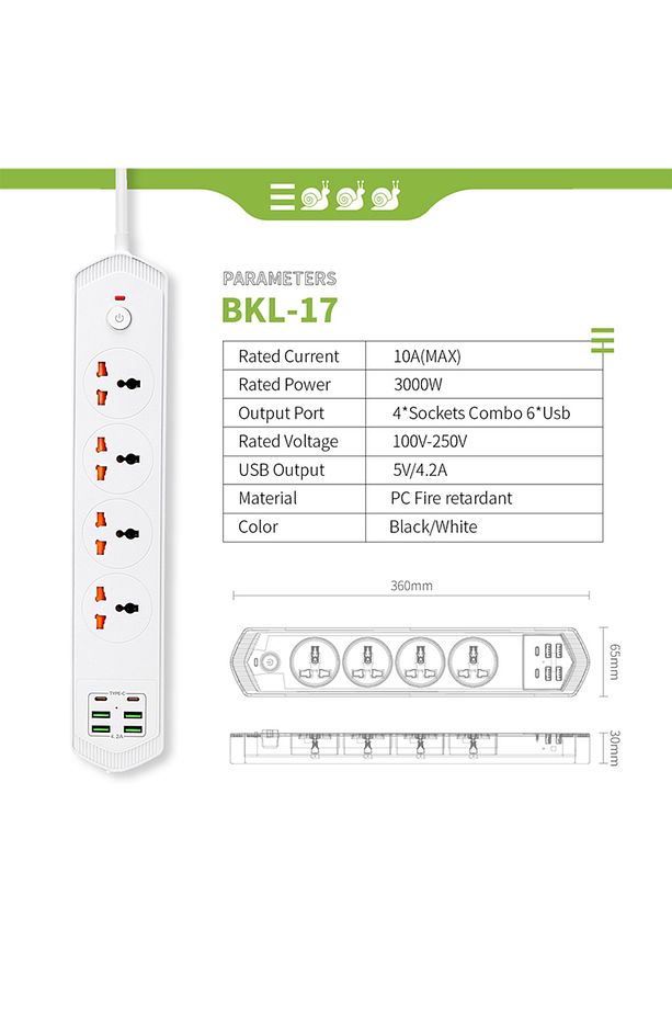 Çoklu Priz 2 m Kablolu Akım Korumalı Anahtarlı 4 Priz 4 USB 2 Typ-c Girişli Grup Priz 3000W Siyah - 8